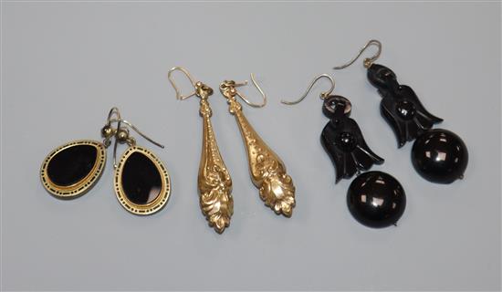 A pair of jet drop earrings and two other pairs of Victorian earrings including yellow metal, largest 55mm.